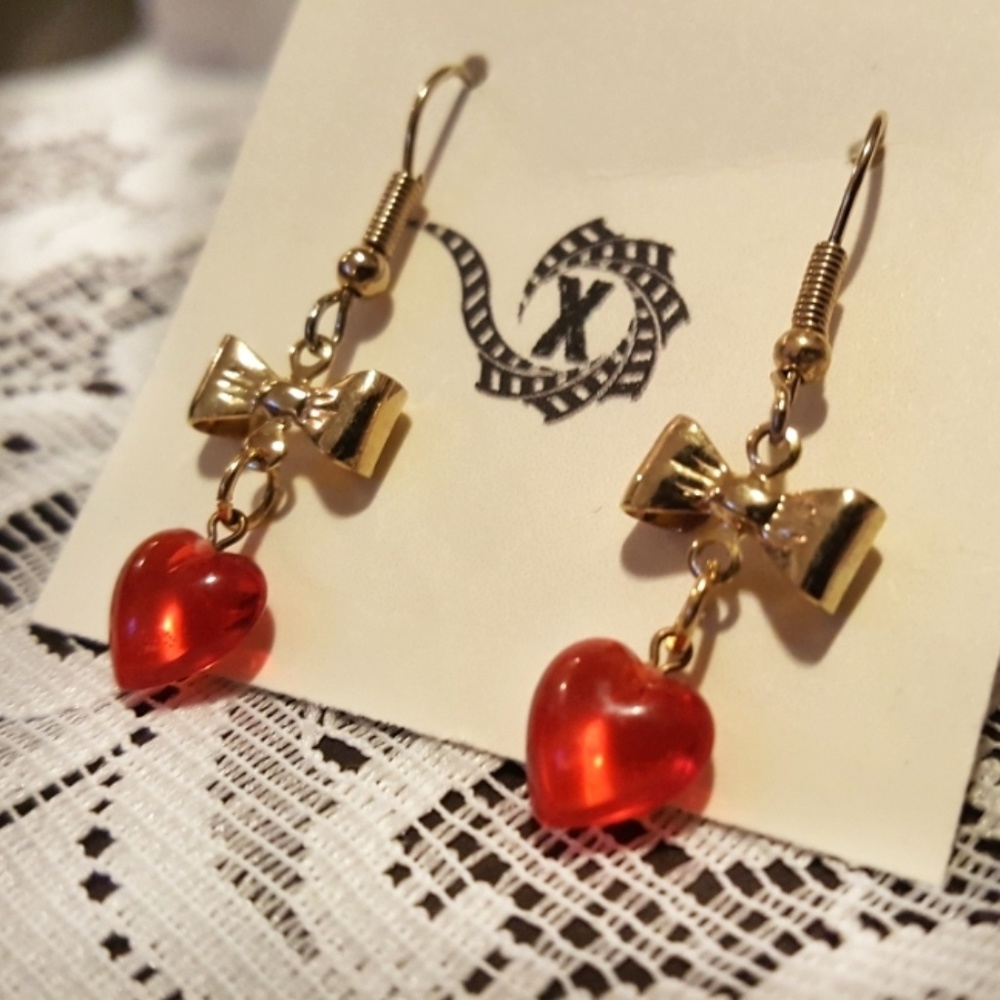 Dangling Hearts Bow Artisan Brass Earrings